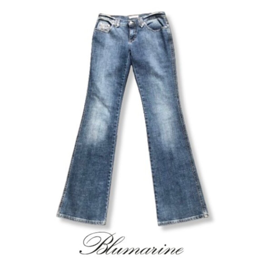 Blumarine Italy Crystal Embellished Low Rise Flare Leg Y2K Denim Jeans S/6/42